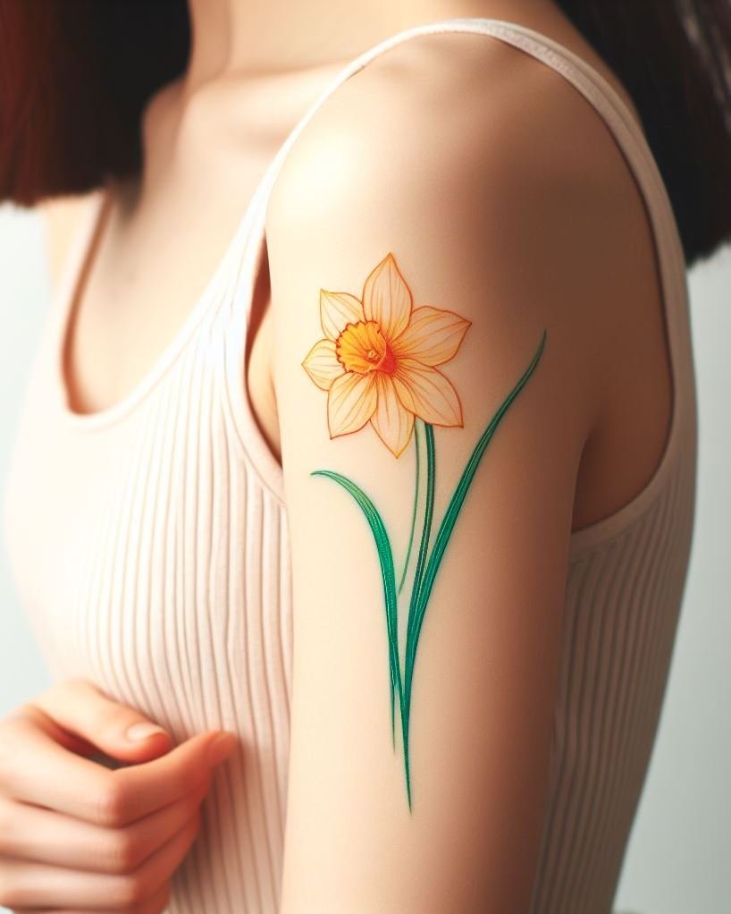 Embrace the essence of spring with a minimalist daffodil tattoo. Perfect for March babies, this design combines clean lines with natural charm!