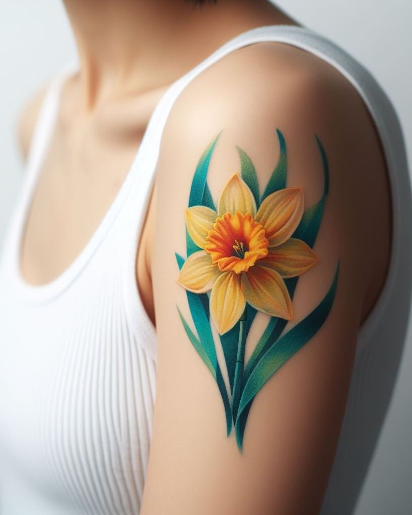 Brighten up your March with a minimalist daffodil tattoo. These elegant blooms, captured in simple lines, bring a fresh, modern twist to a timeless flower!
