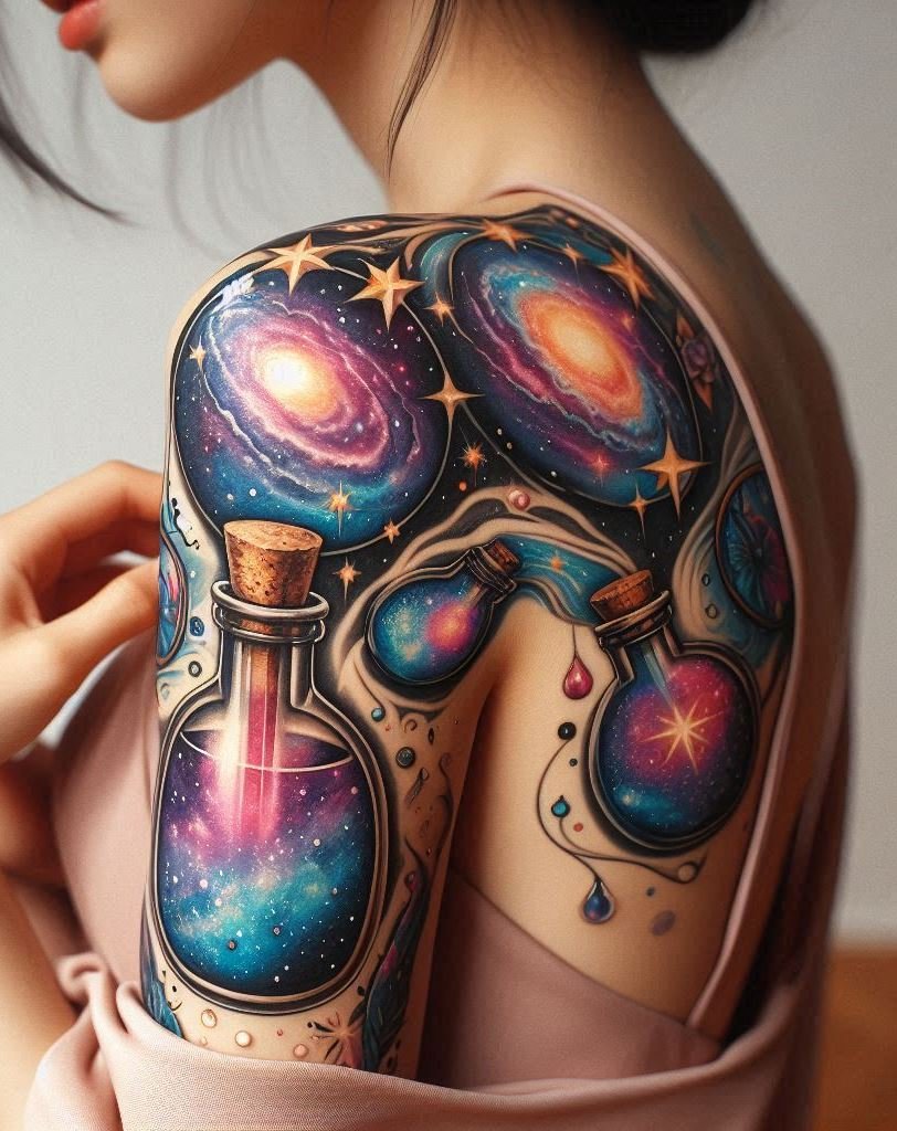 Magic Potion Tattoo Ideas: Unlock the cosmos with a galaxy-inspired magic potion tattoo. Perfect for those who want a little stardust in their ink!