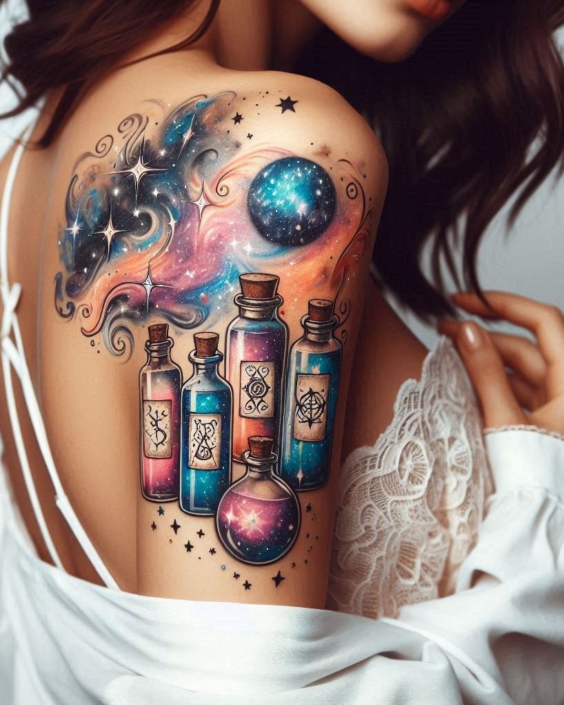 Stir up some stellar vibes with a galaxy-inspired magic potion tattoo. A perfect blend of fantasy and the cosmos.