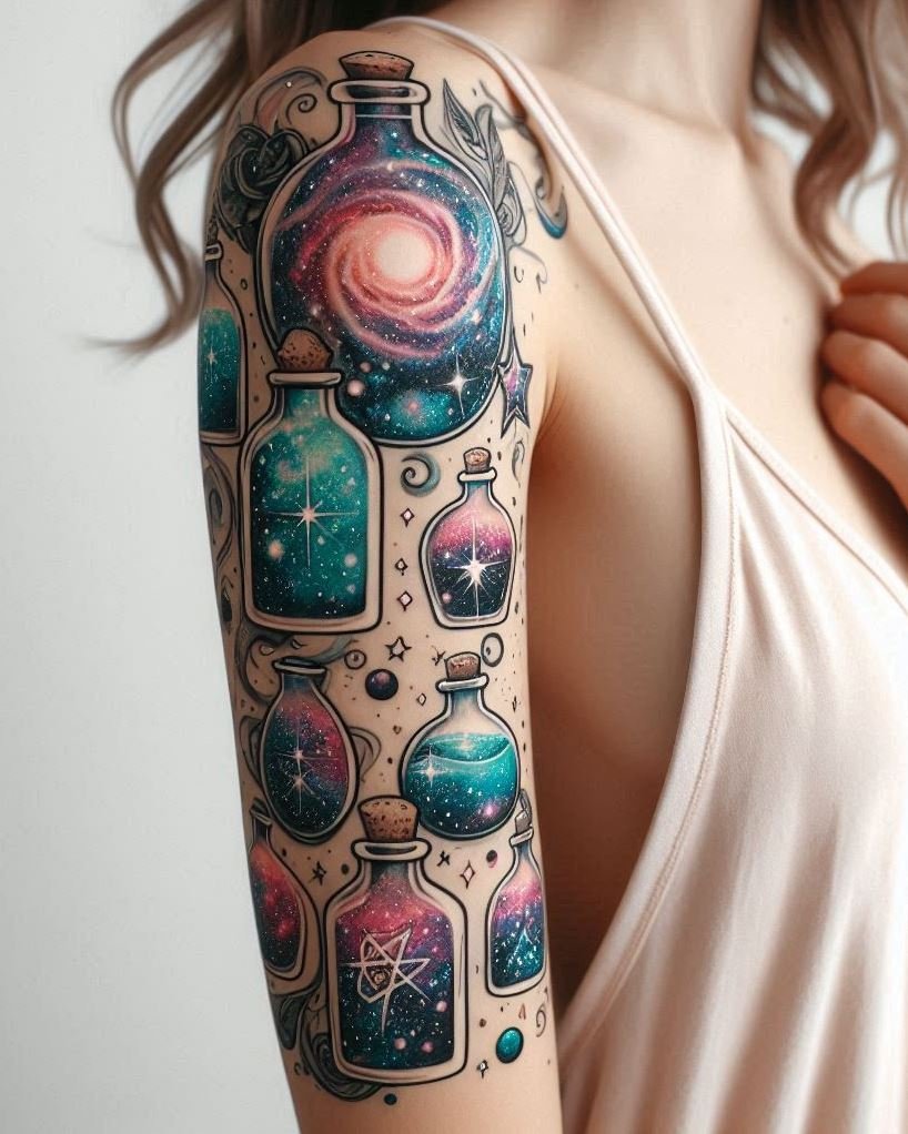 Magic Potion Tattoo Ideas: Infuse your ink with the magic of the cosmos. A galaxy-inspired potion tattoo is your ticket to the stars.
