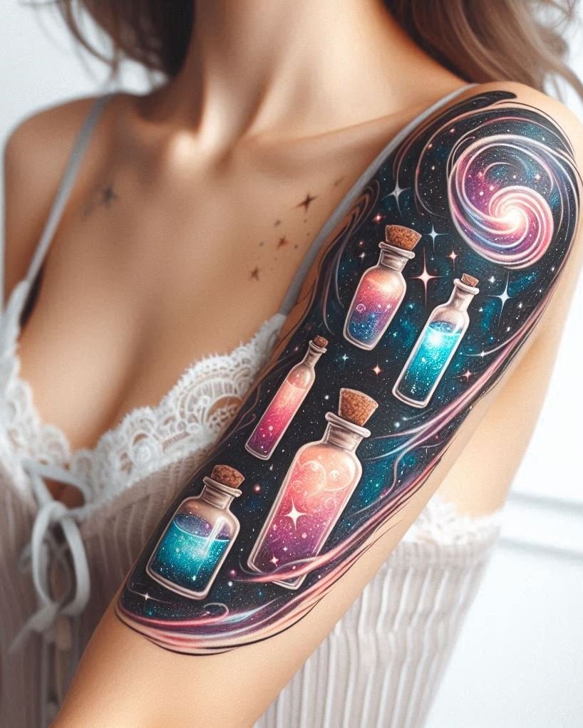 Unleash the power of the universe with a galaxy potion tattoo. For those who love a touch of celestial magic.