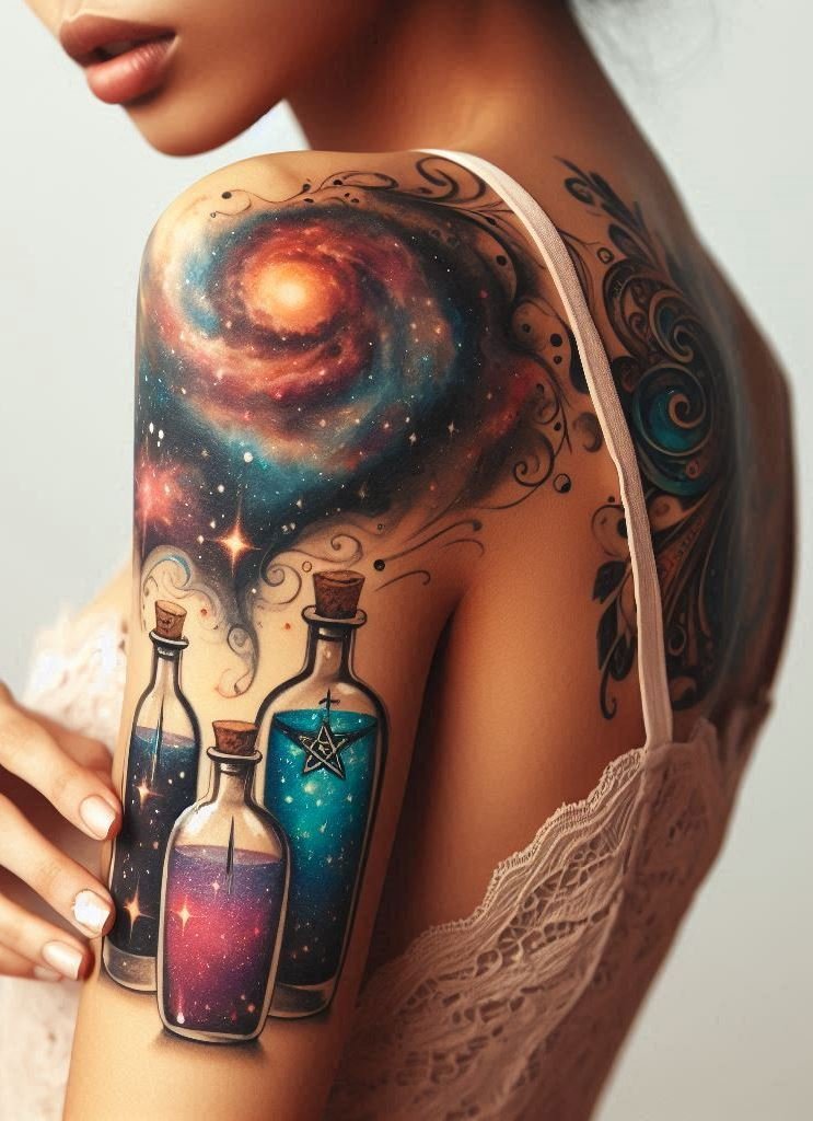 Breathe life into your tattoo with a galaxy-inspired magic potion. A dazzling design for cosmic enthusiasts.