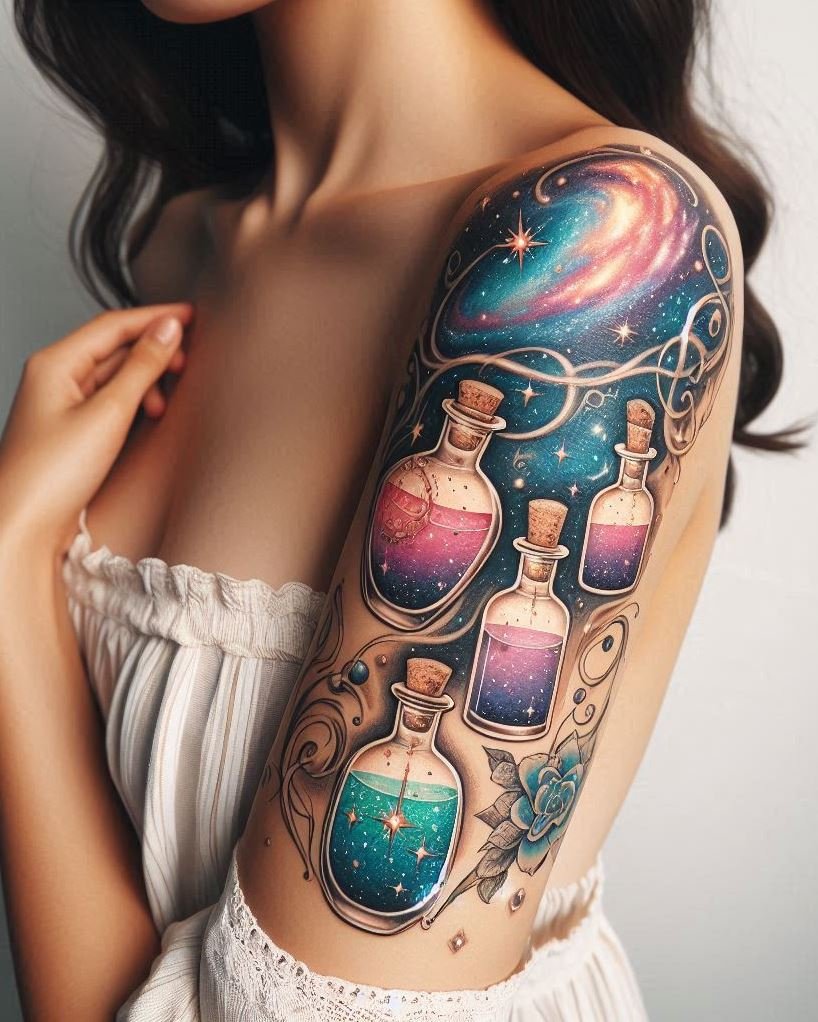 Sip on the stars with a galaxy potion tattoo. Perfect for adding a bit of celestial charm to your ink.