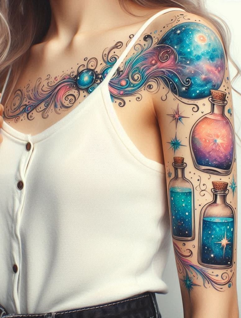 A galaxy-inspired magic potion tattoo is like bottling up the universe on your skin. It's pure cosmic magic!