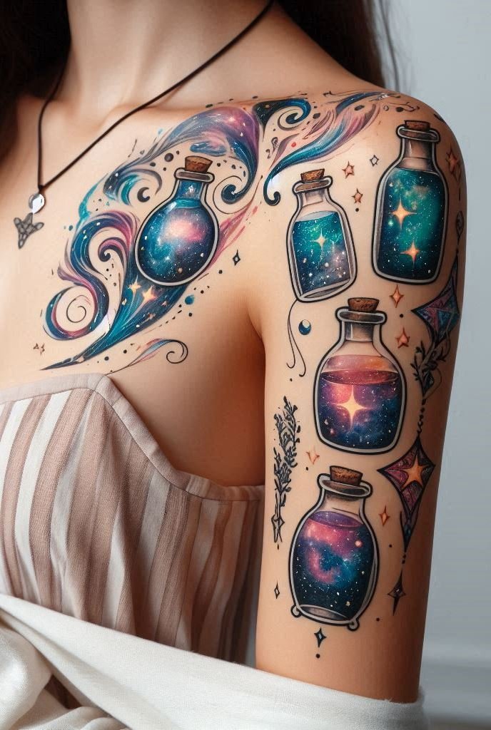Let your tattoo shine with the light of a thousand stars. A galaxy potion design is the ultimate celestial enchantment.