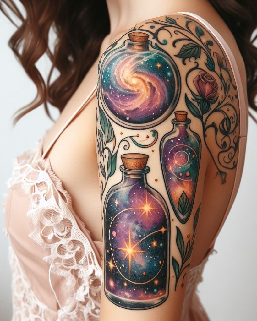 Dive into the cosmos with a galaxy-inspired magic potion tattoo. Perfect for those who believe in the magic of the stars.