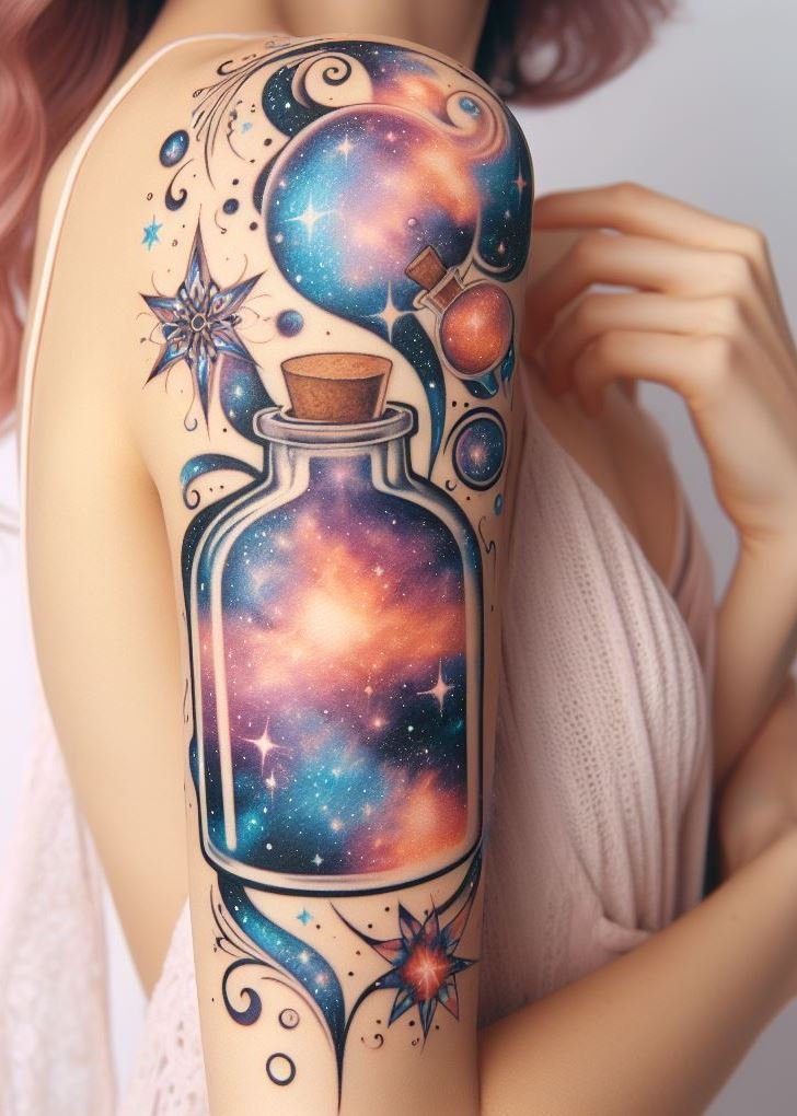 Mix up some stellar charm with a galaxy potion tattoo. It's like capturing the universe in a bottle!