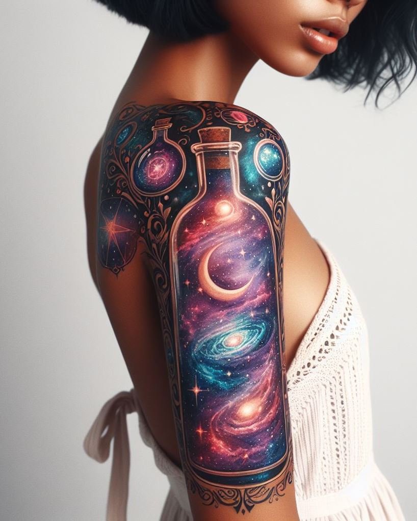 Add a sprinkle of stardust to your ink with a galaxy-inspired magic potion tattoo. For those who dream of the stars.