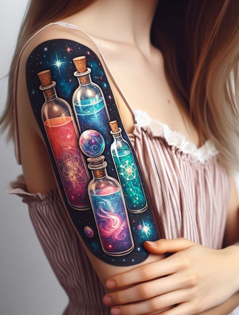 Brew a bit of the cosmos into your skin with a galaxy potion tattoo. A celestial design for true cosmic lovers.