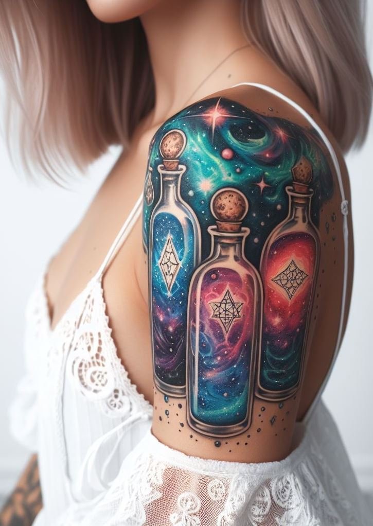 Magic Potion Tattoo Ideas: Infuse your tattoo with the beauty of the galaxy. A magic potion design is the perfect cosmic touch.