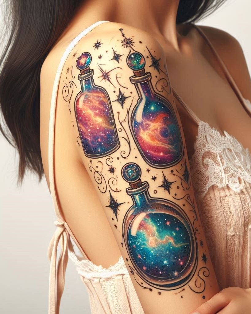 Turn your tattoo into a cosmic concoction with a galaxy-inspired potion design. For the dreamers and believers in star magic.
