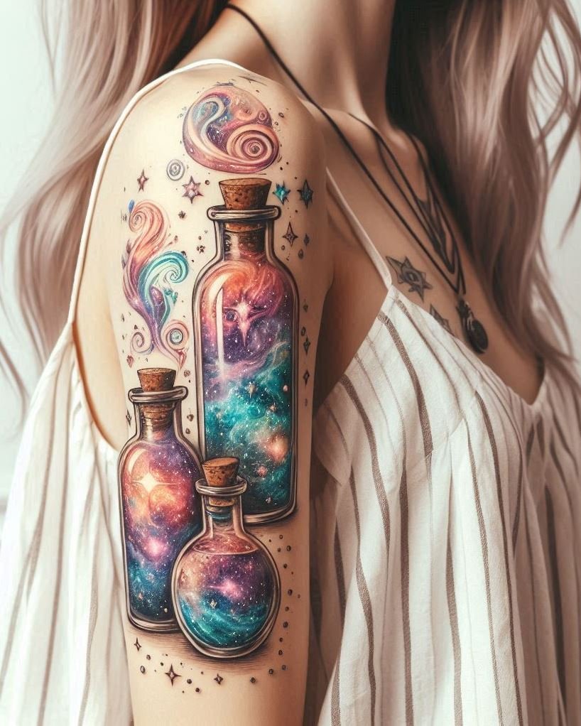 Imagine a potion bubbling with galaxies and stars. This tattoo idea is perfect for those who believe in cosmic magic.