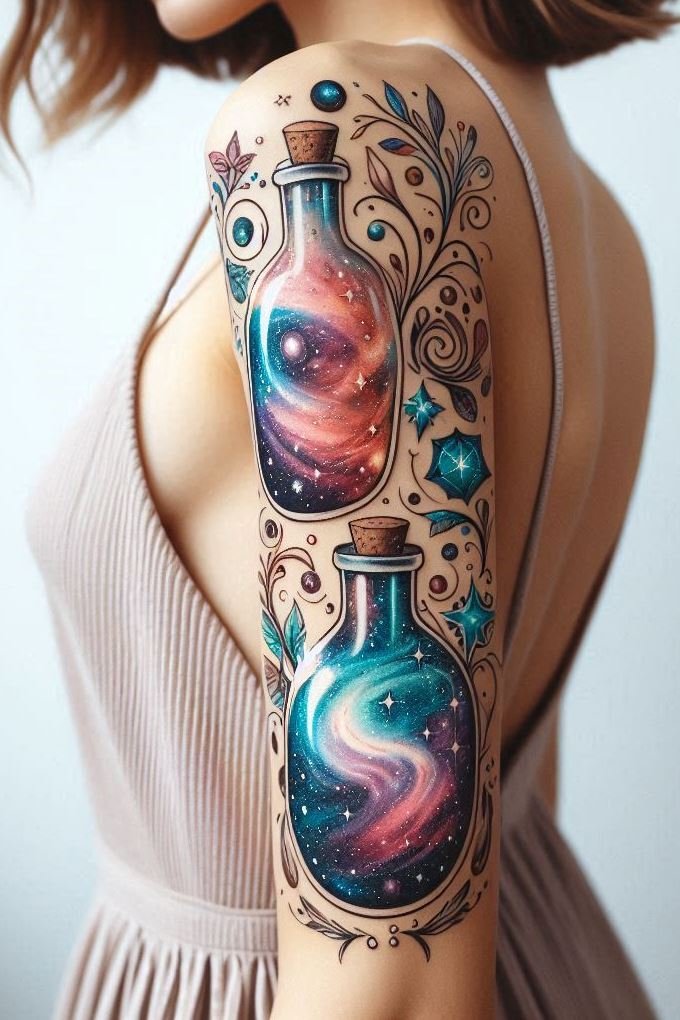 Embrace the universe with a galaxy potion tattoo. A magical blend of stars and fantasy on your skin.
