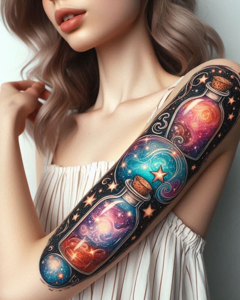 Magic Potion Tattoo Ideas: Unlock the cosmos with a galaxy-inspired magic potion tattoo. Perfect for those who want a little stardust in their ink!