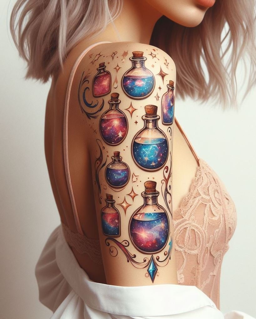 Turn your tattoo into a magical journey through the stars with a galaxy-inspired potion design. Perfect for dreamers and stargazers.