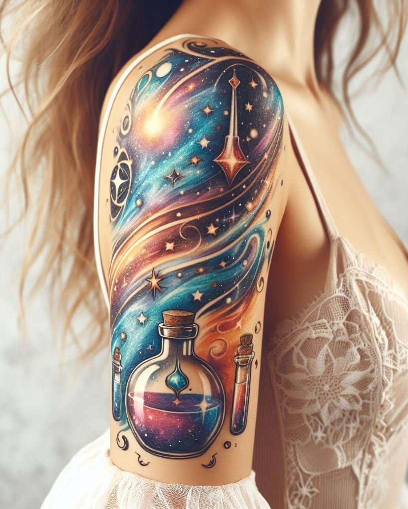 Infuse your ink with the magic of the cosmos. A galaxy-inspired potion tattoo is your ticket to the stars.