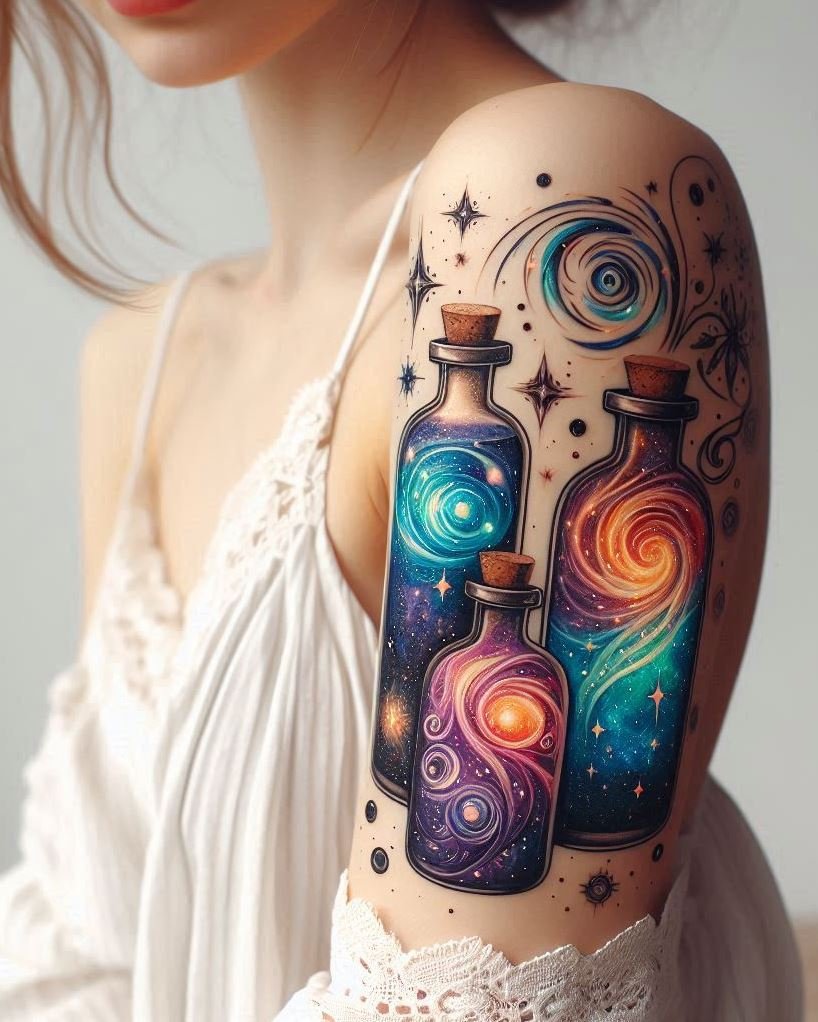 Concoct some cosmic charm with a galaxy-inspired magic potion tattoo. Your skin will be a canvas of celestial beauty.