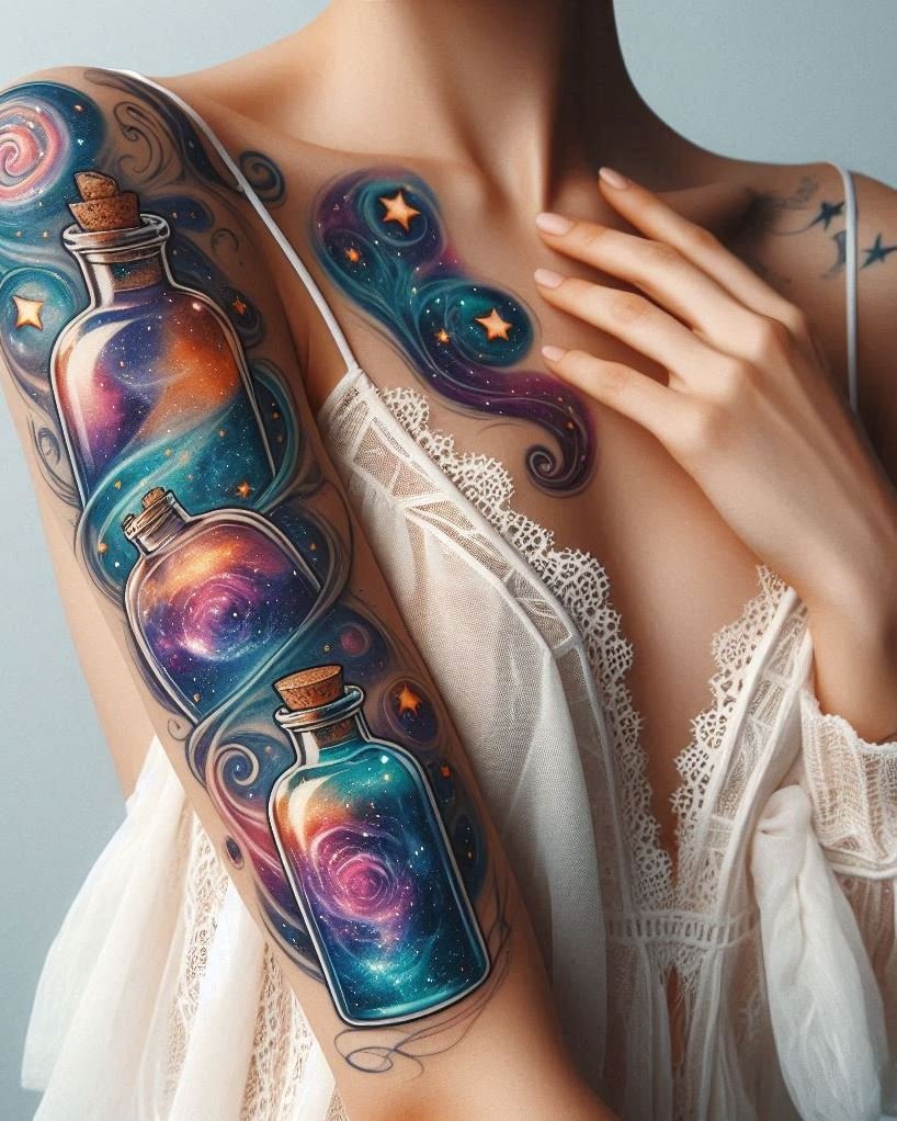 Turn your tattoo into a magical journey through the stars with a galaxy-inspired potion design. Perfect for dreamers and stargazers.
