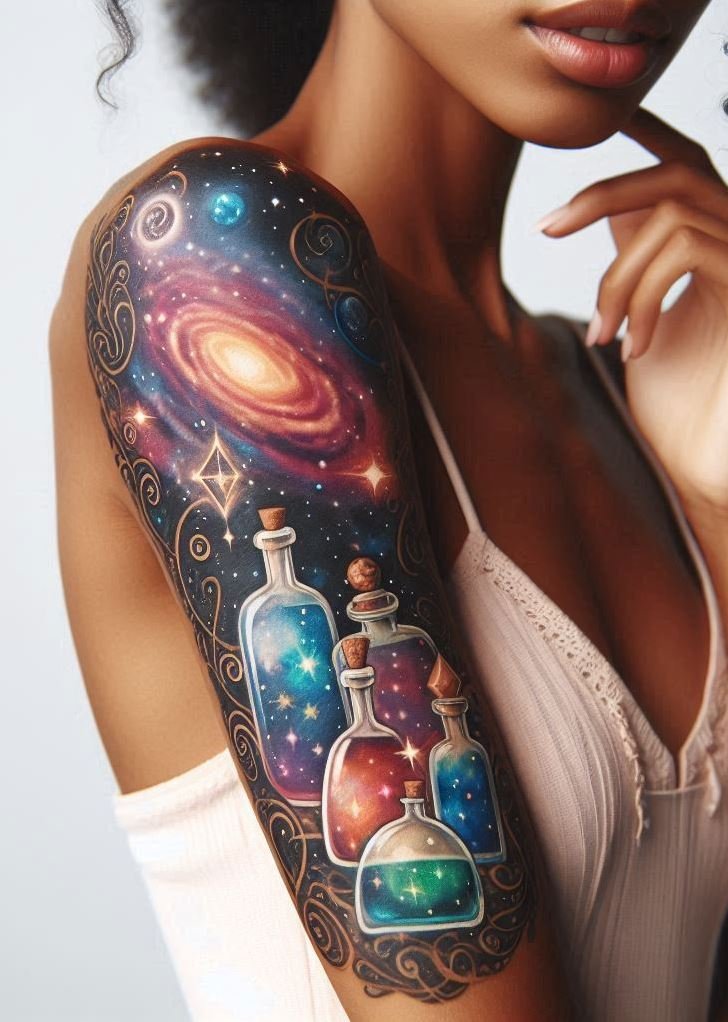 Brew up some cosmic magic with a galaxy potion tattoo. It's like having the universe in a bottle on your skin!