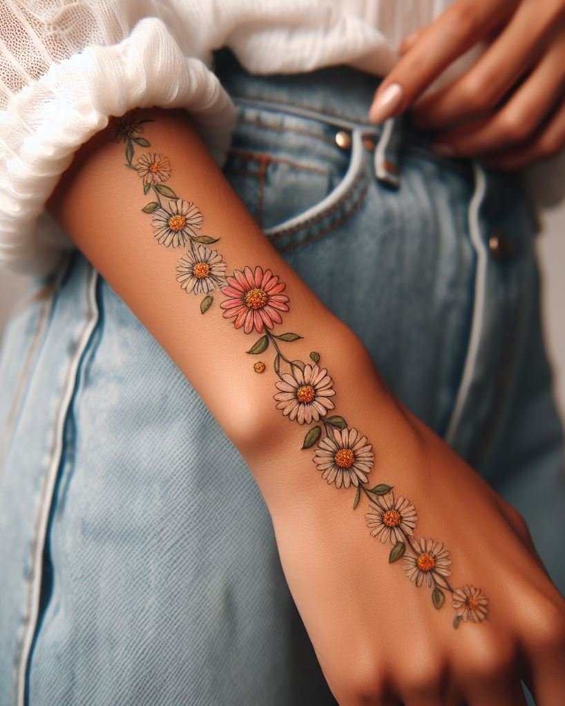 Celebrate April with a charming daisy chain tattoo. This whimsical design symbolizes innocence and joy, perfect for adding a touch of springtime magic to your ink!
