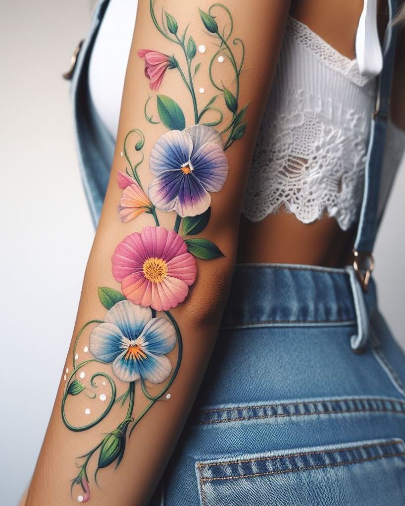 Celebrate April with a charming mix of daisies and sweet peas in your tattoo. These delicate flowers capture the essence of spring's innocence and blissful pleasure!
