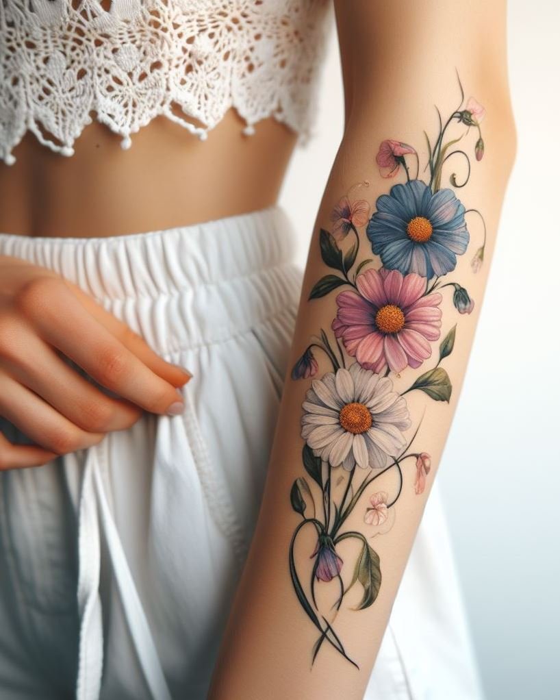 April-born? Adorn your skin with a beautiful mix of daisy and sweet pea tattoos. This delightful combination symbolizes purity and joy, perfect for welcoming spring!
