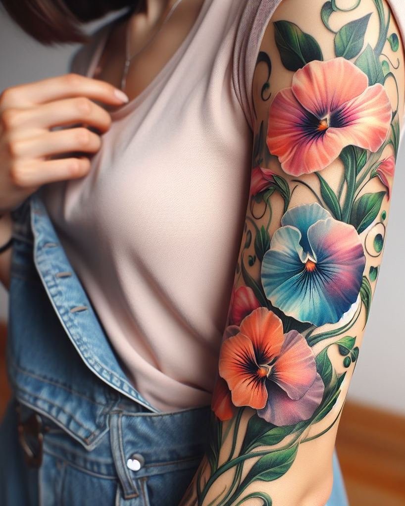 Birth Flowers Tattoos: April-born? Adorn your skin with a sweet pea watercolor tattoo. This artistic design combines vibrant hues with the elegance of sweet pea flowers, perfect for a touch of seasonal charm!
