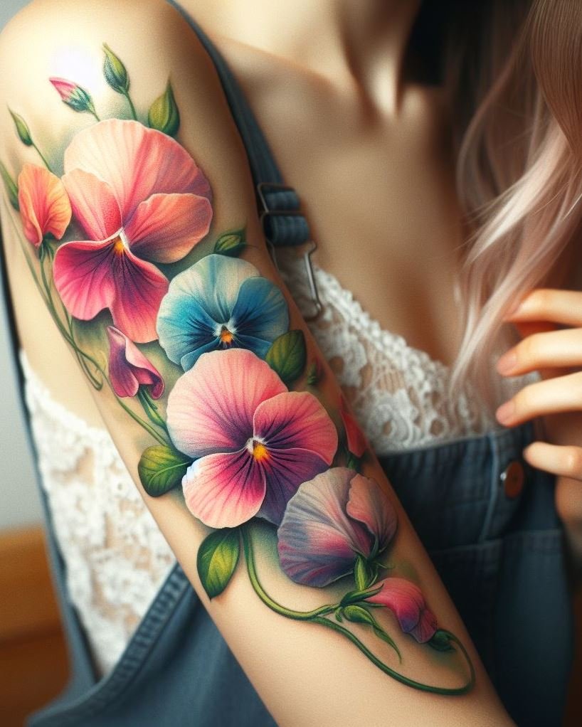 Embrace the beauty of April with a sweet pea watercolor tattoo. These colorful blossoms add a whimsical and artistic flair to your ink, celebrating new beginnings!