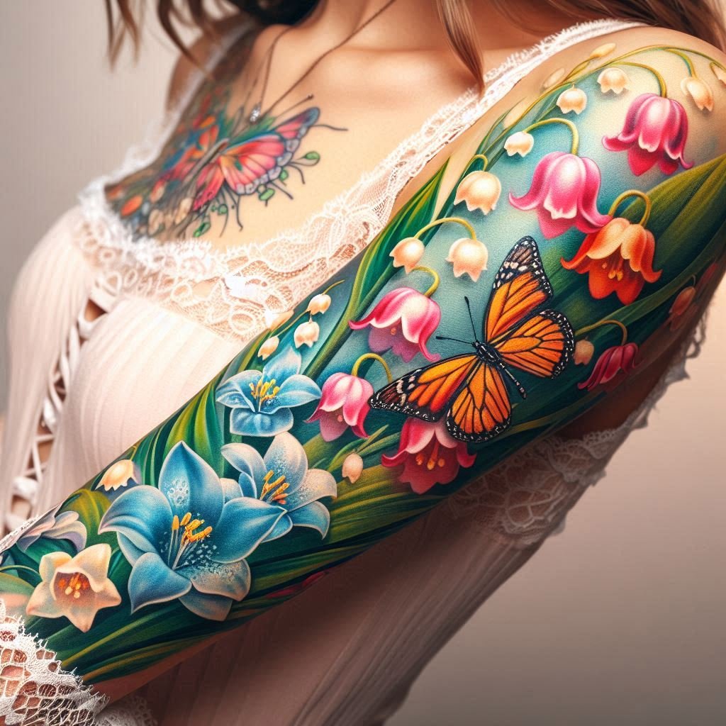 May-born? Embrace the beauty of a lily of the valley and butterfly tattoo. This enchanting design captures the essence of purity and transformation, adding a touch of springtime elegance to your ink!
