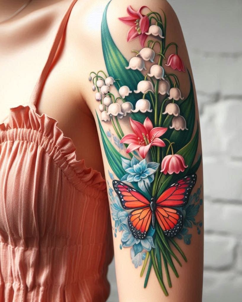 Celebrate May with a delicate lily of the valley and butterfly tattoo. These graceful elements symbolize renewal and metamorphosis, perfect for marking your special month!