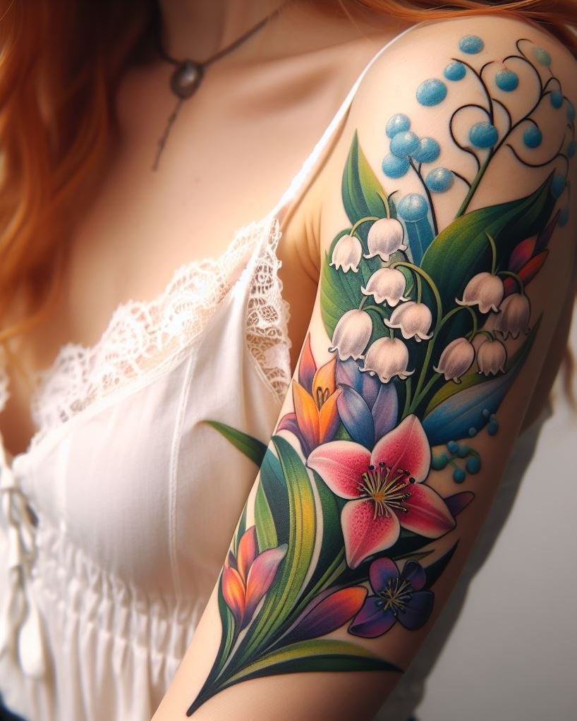 Show off your May pride with a hawthorn and lily mix tattoo. This enchanting blend of blooms represents the beauty and strength of springtime!