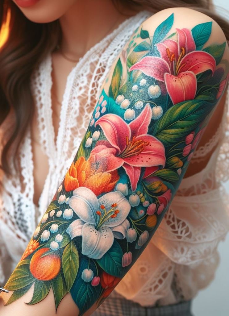 Brighten up your May with a hawthorn and lily mix tattoo. This lovely floral design brings together the elegance of lilies and the strength of hawthorn!