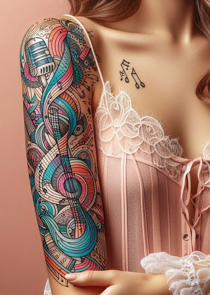 Music Tattoos: 75 Must-See Inspirations | Pocoko Express your love for music in a whole new way with these abstract tattoos. Perfect for those who live and breathe music!