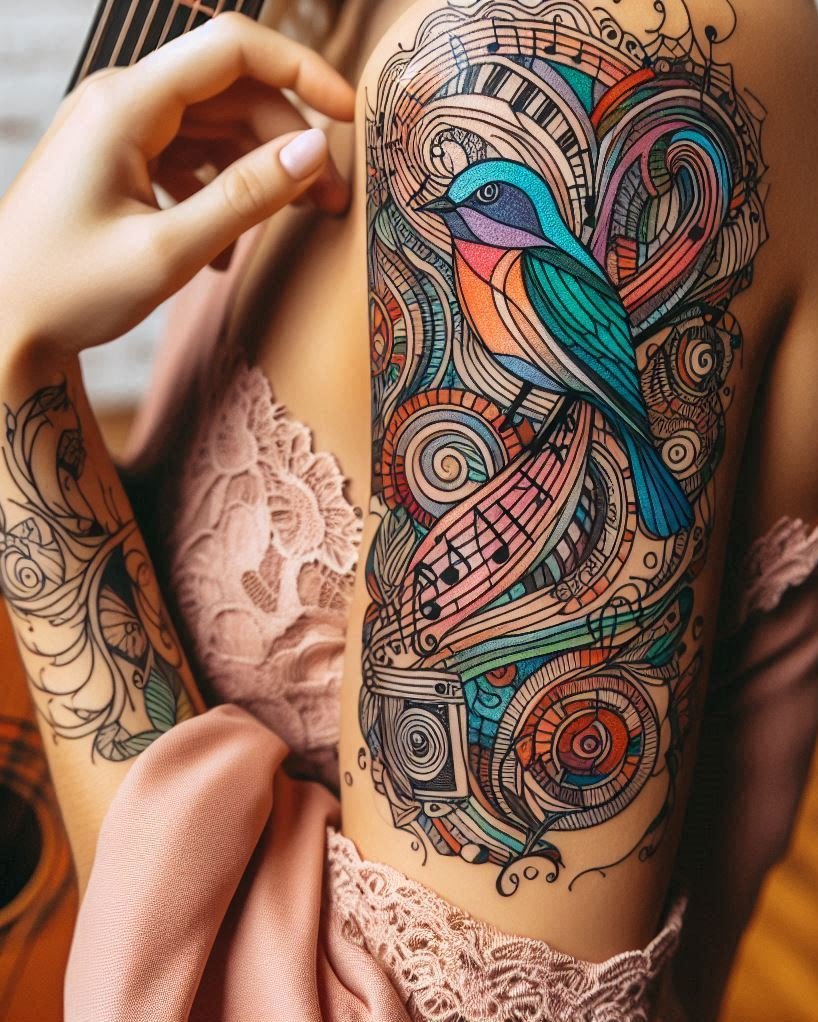 Music Tattoos: 75 Must-See Inspirations | Pocoko These abstract music tattoos are a symphony for the eyes. Bold, creative, and perfect for music lovers who want to stand out!
