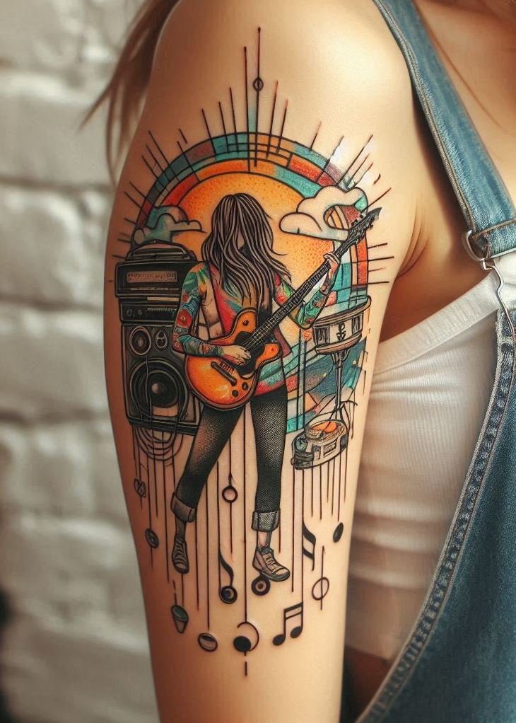 Music Tattoos: 75 Must-See Inspirations | Pocoko For the love of music and art, explore these abstract tattoos that blend rhythm and creativity in perfect harmony.