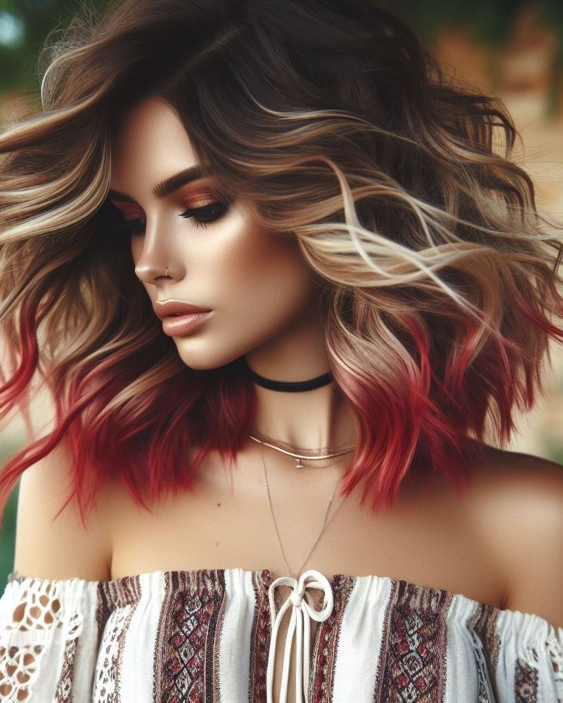Turn heads with blonde and red highlights on dark brown hair. A bold and stunning combination that’s sure to make a statement!