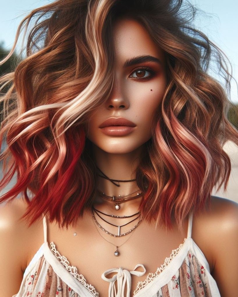 Spice up your dark brown hair with blonde and red highlights. Perfect for adding a pop of color and a touch of fiery elegance!