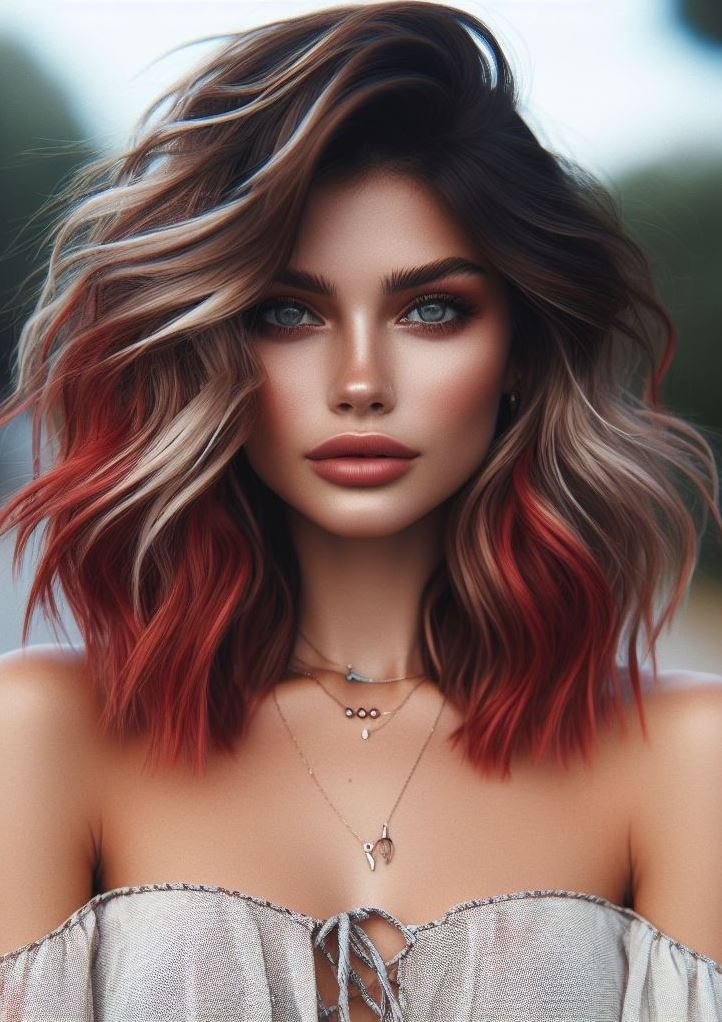 Embrace the trend with blonde and red highlights on dark brown hair. Vibrant, chic, and absolutely dazzling!