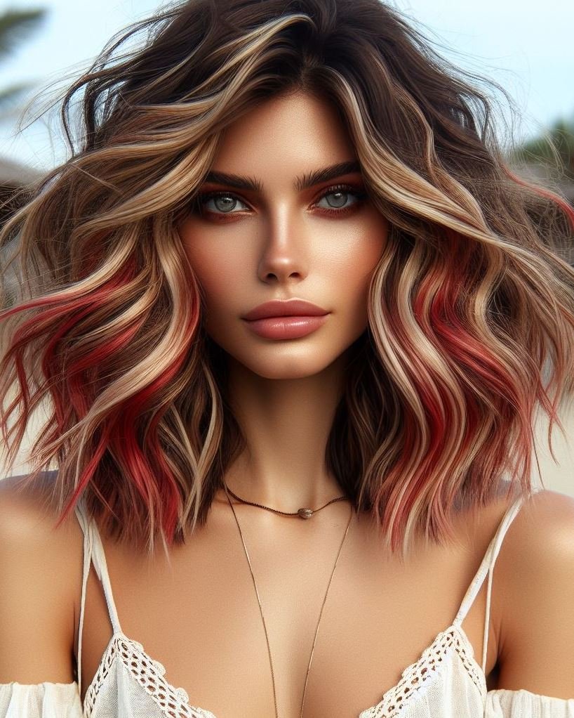Elevate your style with blonde and red highlights on dark brown hair. A fiery mix that’s both daring and sophisticated!