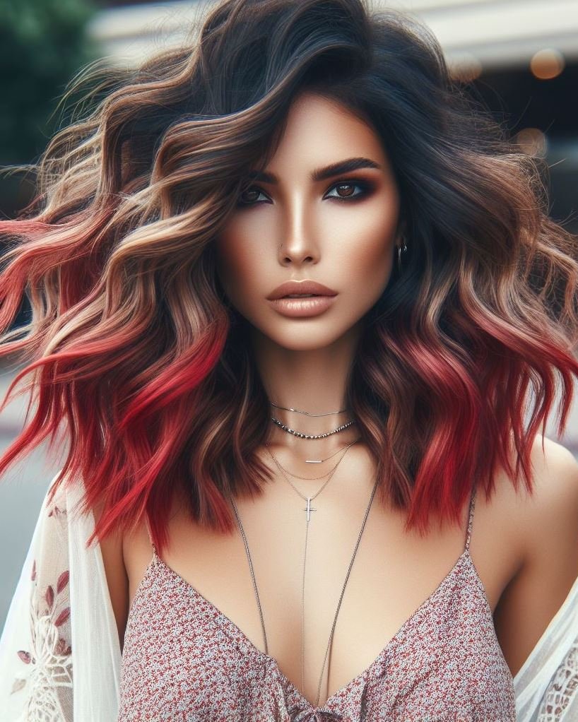Get ready to shine with blonde and red highlights on dark brown hair. Bold, beautiful, and perfect for making a fashionable impact!