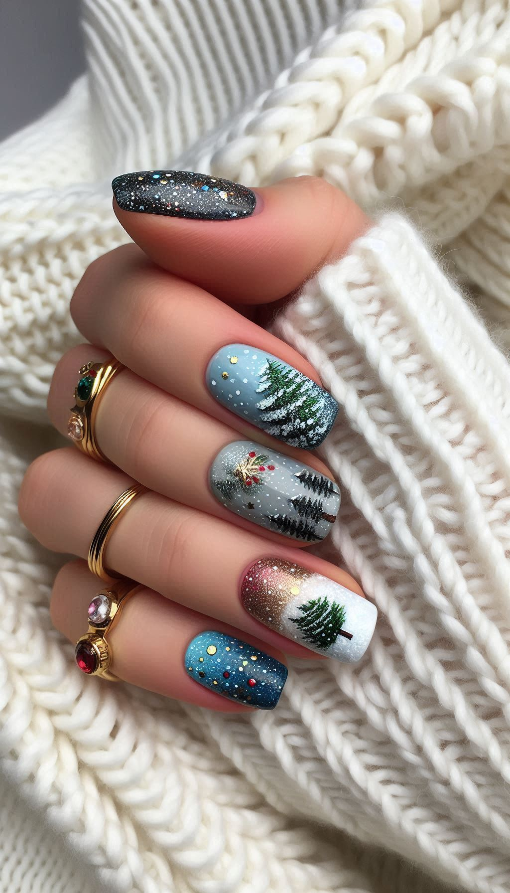 Nail the winter wonderland vibe with these snowfall-inspired designs. Your nails will sparkle like fresh snow under the moonlight!