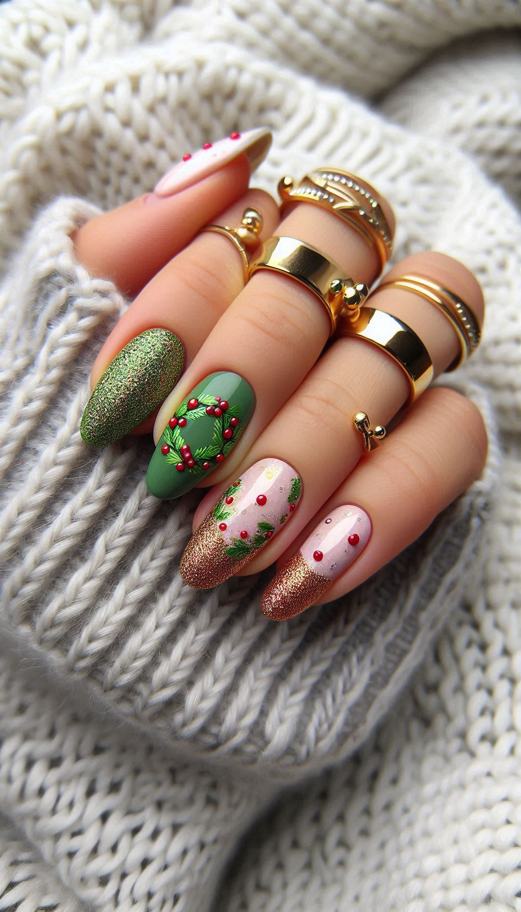 Christmas Nail Art Ideas: Adorn your nails with Christmas wreath-inspired designs. These festive creations are perfect for bringing a touch of holiday cheer right to your fingertips!