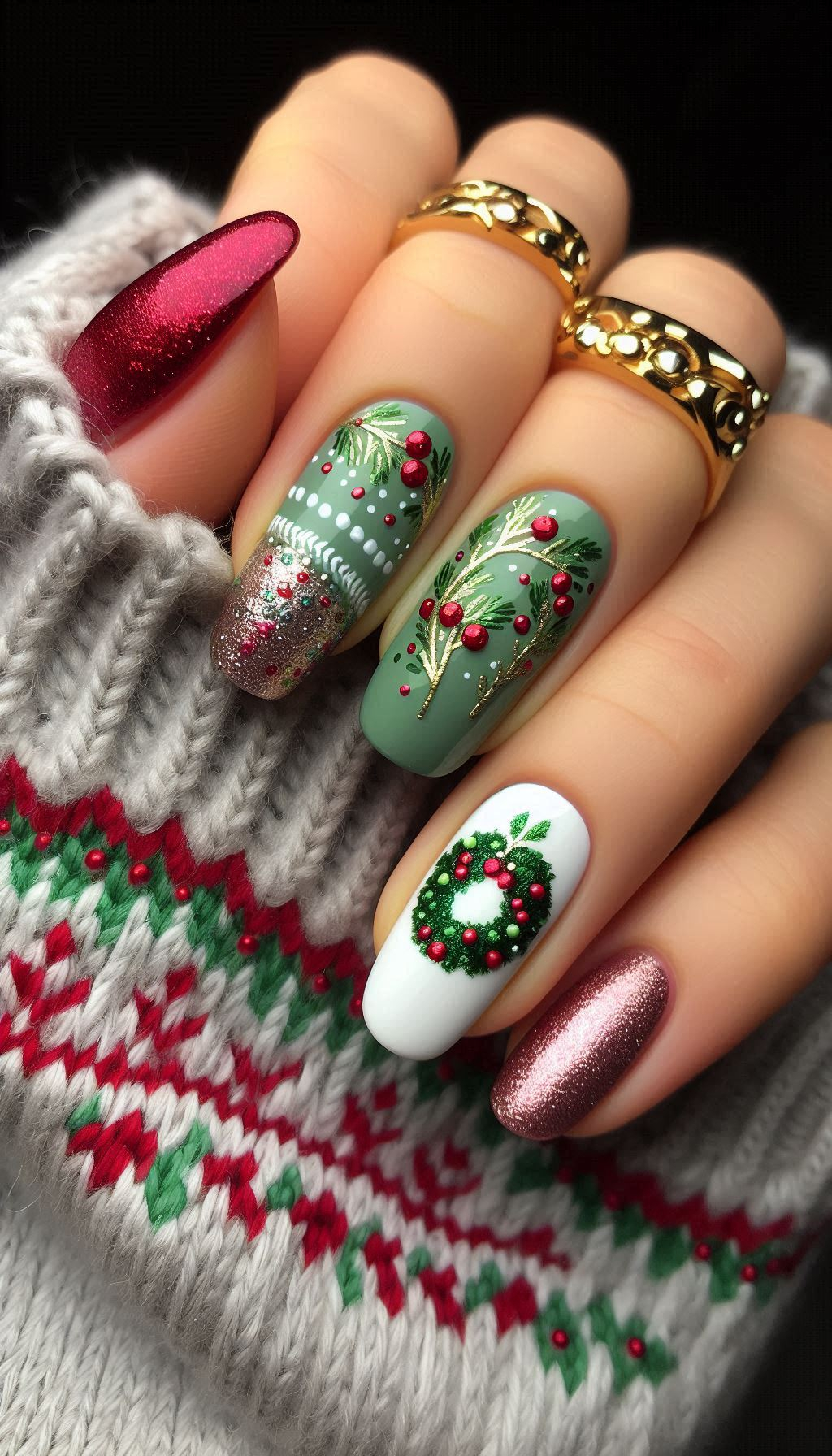 Get your nails holiday-ready with these wreath-inspired designs. Twinkling lights and evergreen beauty make for a perfect festive manicure!