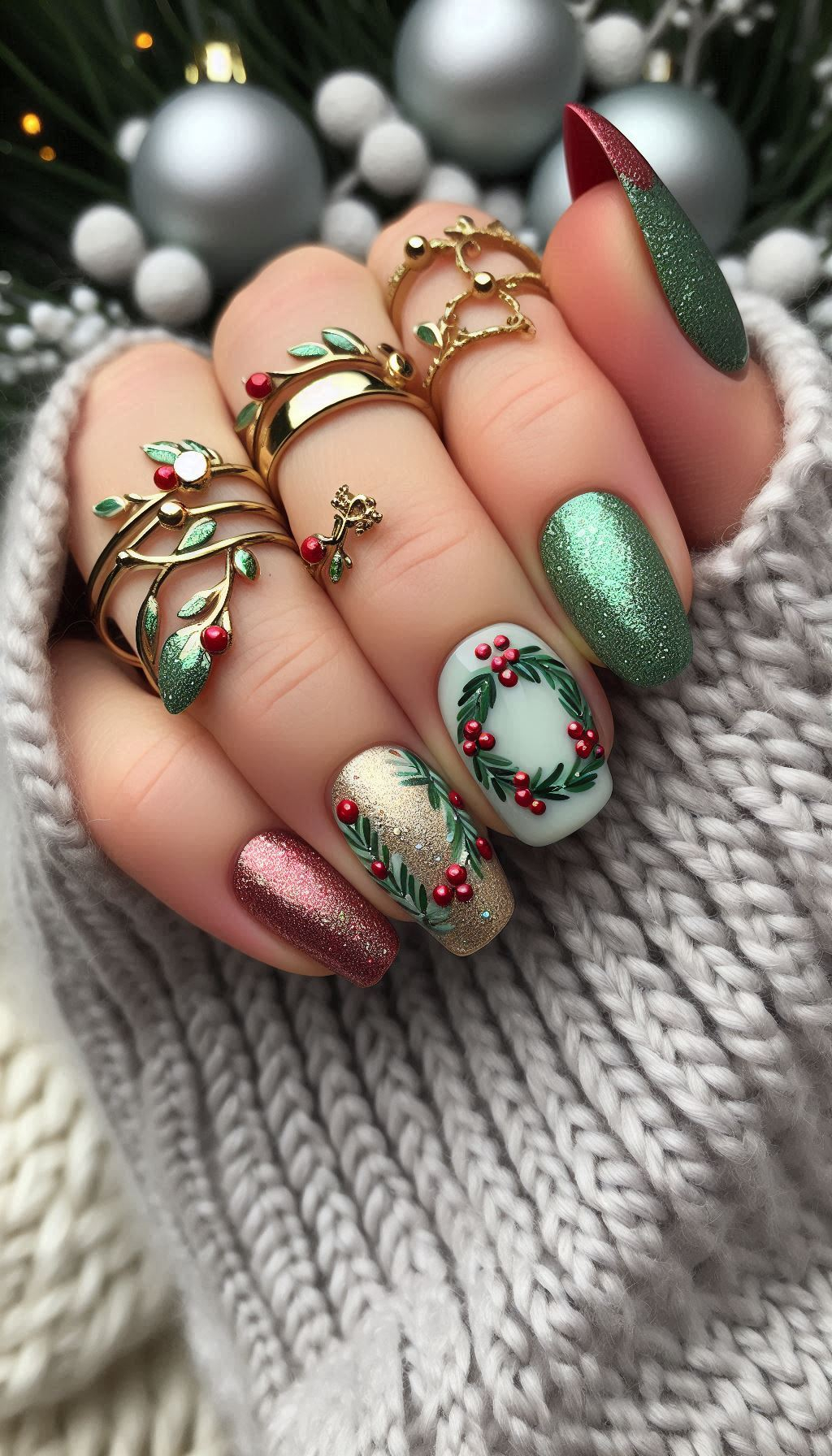 Wrap your nails in holiday cheer with these Christmas wreath designs. Perfect for adding a touch of festive greenery to your look!