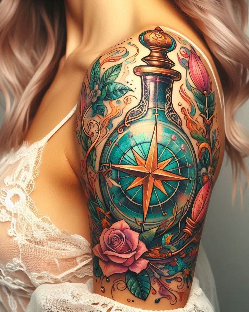 Find your magical path with a compass and potion tattoo. Perfect for explorers of both the physical and mystical worlds.