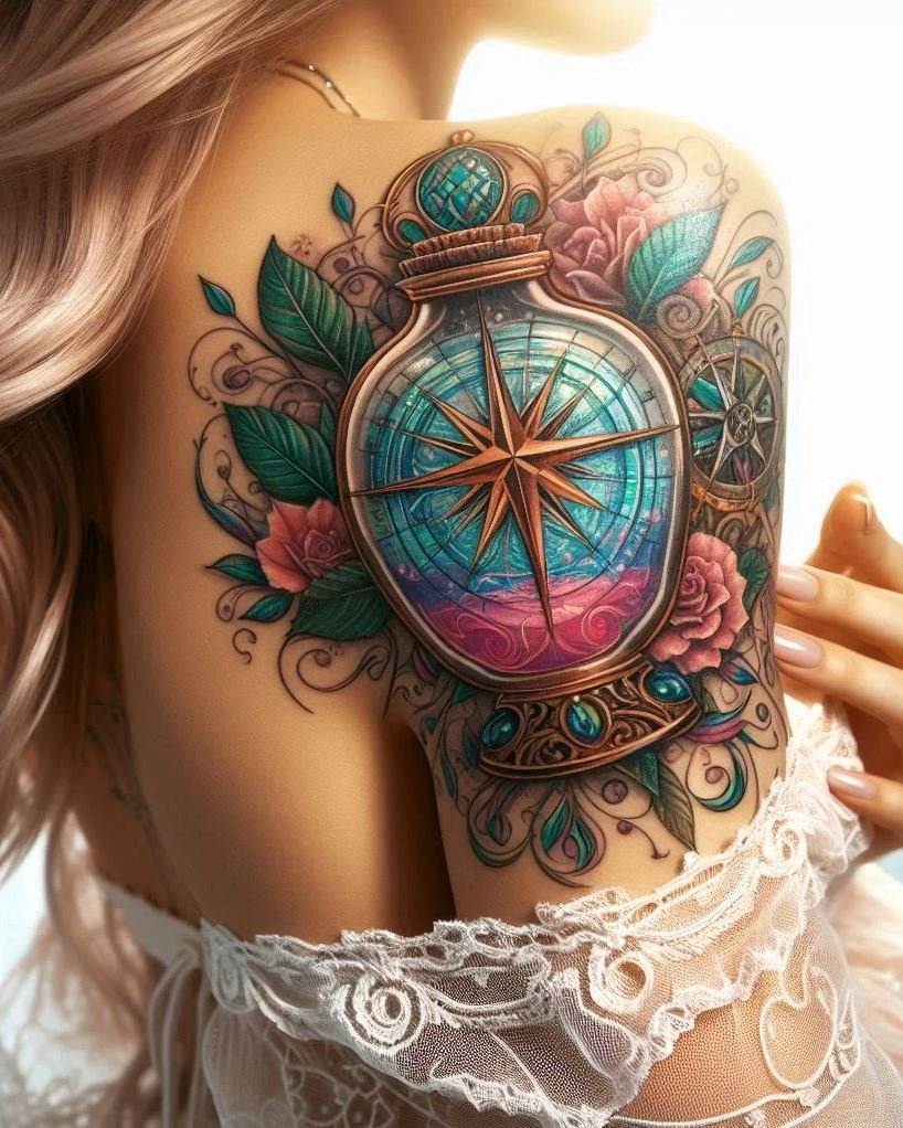 Combine the precision of a compass with the charm of a magic potion. A tattoo design that’s both captivating and enchanting.