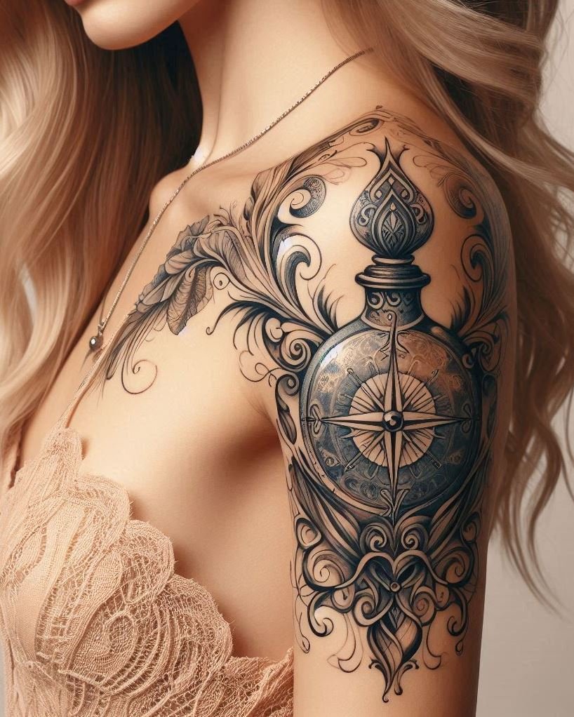 Set sail on a magical journey with a compass and potion tattoo. For those who love the sea of stars and the magic within.