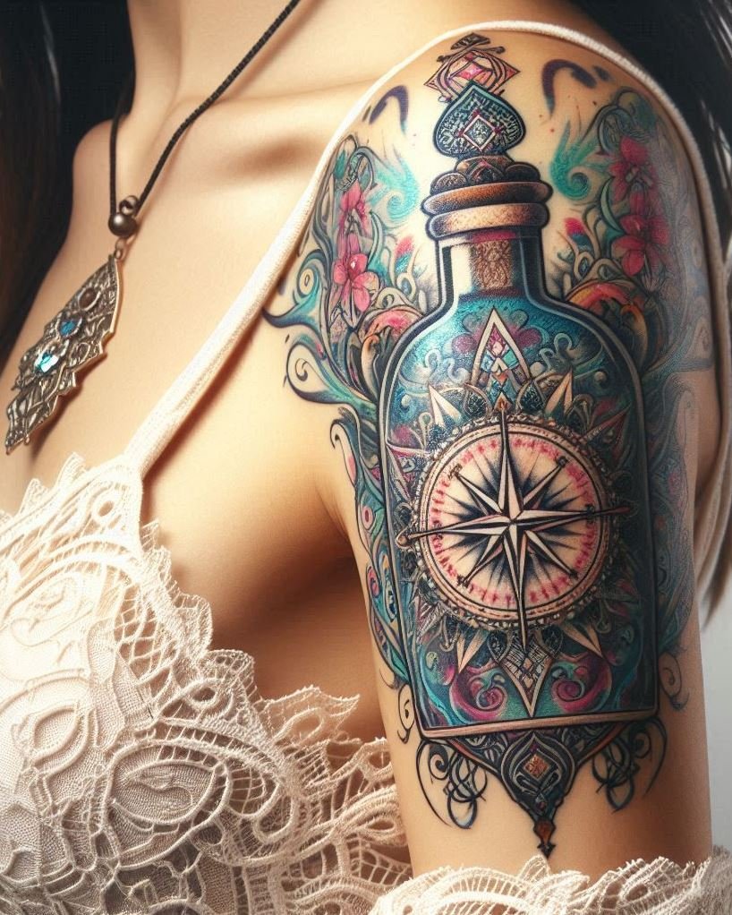 Find your true north with a compass and magic potion tattoo. A captivating design for explorers of the mystical and unknown.