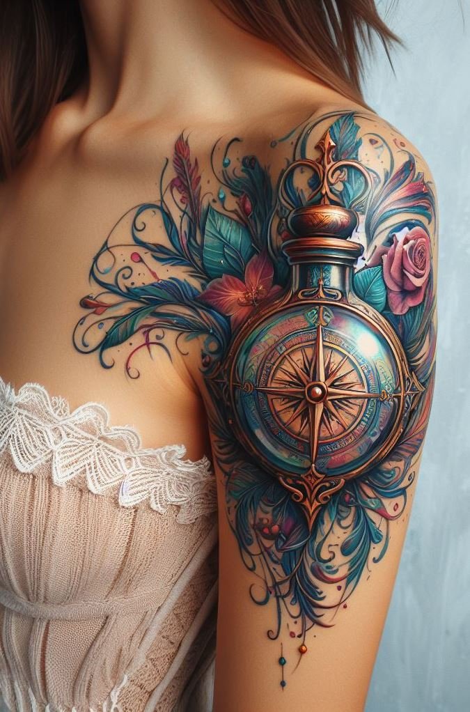 Navigate the mysteries of magic with a compass and potion tattoo. Perfect for those who love a blend of direction and enchantment!